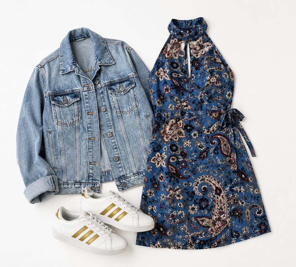 Women’s XL Paisley Dress Denim Jacket Adidas Sneaker Outfit Bundle 6.5